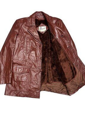 VINTAGE Bermans 100% LEATHER Brown Faux Fur Fleece Lined Luxury Jacket Mens